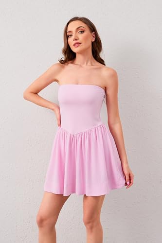 Image of Tube Top Dress for Women Summer Solid Strapless Flowy Mini Dresses Patchwork Pleated Drop Waist Flared Party Dress Pink, Medium