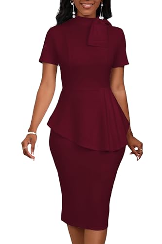 Image of PerZeal Women's Fashion Peplum Bodycon Short Sleeve Work Dresses Bow Club Ruffle Pencil Formal Cocktail Dress