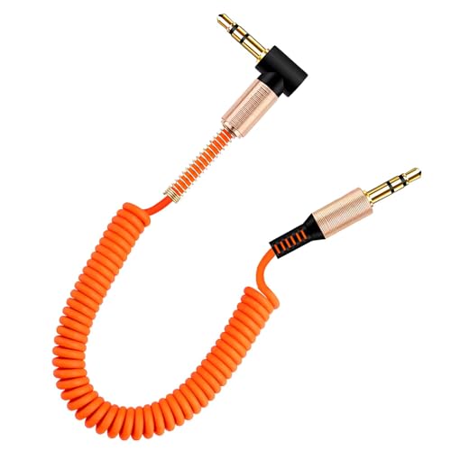 Image of skysia 3.5mm AUX Cable - Spiral Spring Male-to-Male Audio Cord with 90 Right Angle Jack, Stretchable & Tangle-Free Steel Spring Design for Car, Headphones & Speakers Etc (Pack of 1) (Orange)