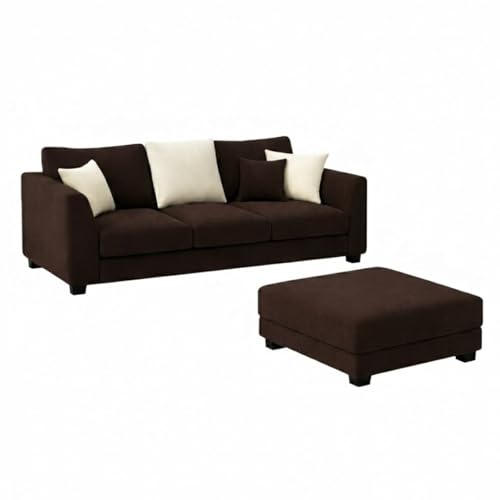 Image of SOCOZI Trevano 5 Seater Sofa Set with Ottoman (3 Seater + 2 Seater + Ottoman) | Soft Velvet Suede Fabric | Plush Comfort Cushions for Living Room (Cream-Dark Brown)