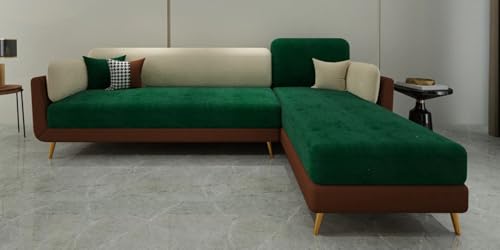 Image of Polyester Velvet Contemperory Sofa Set with Cushion Chaise Lounge, Sectional Sofa Perfect for Your Living Room,Guests Room & Office. (Green & Beige, 5 Seater)