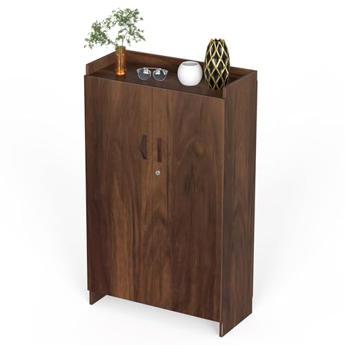 Image of BLUEWUD Brooklyn Tall Engineered Wood 2 Doors with Lock Shoe Rack Cabinet Slipper Footwear Stand Organizer can Store Up to 24 Pairs for Home, DIY (Do it Yourself) (Brown Maple) (Size Upto UK 9)