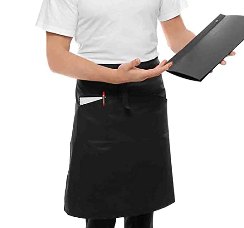 MFAZ Morefaz Ltd Thick Waist Apron Adjustable & 100% Cotton 240g/m3 Anti-dirt Waist Short Black White with Pocket for Home Kitchen Restaurant Work Waitress Chef Waiter Cooking Baking