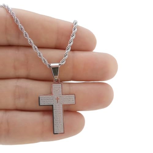 Corrente Masculina Cordão Baiano Com Pingente Crucifixo Pai Nosso Corrente Masculina 70cm Aço