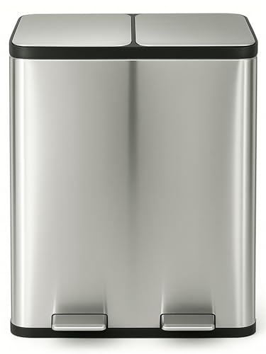 JARDIN202 - Cubo de Basura de Metal con Pedal - Doble Compartimento para Reciclaje y Diseño Moderno | 60 litros (Plata)