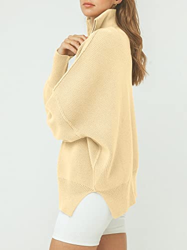 Image of ANRABESS Womens Oversized Quarter Zip Pullover Sweaters | Fall Fashion Outfits, Long Sleeve Slit Side, Baggy Loose Fit, 1 /4 Zip Lapel Collared, Ribbed Knit Soft Warm Winter Clothing