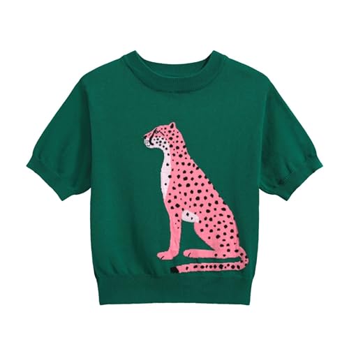 Women's Green Knitted T-Shirt, Retro Animal Pattern Crewneck Cotton Short Sleeve- Cropped Length