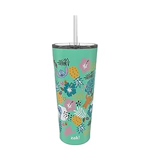 Zak Designs Disney Movie Vacuum Insulated Stainless Steel Travel Tumbler with Splash-Proof Lid, Includes Reusable Plastic Straw and Fits in Car Cup Holders (18/8 SS, 25 oz, Lilo and Stitch)
