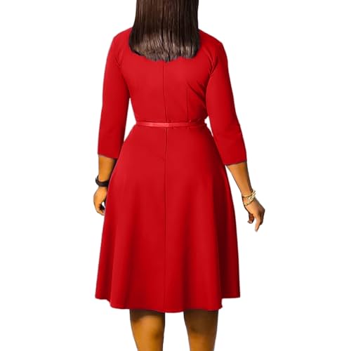 Image of Elainone Women 3 /4 Sleeve Casual Swing Flared A Line Dress Wedding Guest Semi Formal Office Work Dresses with Belt