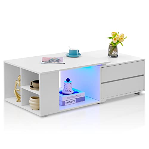 TUKAILAI Weißer Ausziehbarer Couchtisch mit LED-Lichtern, Couchtisch mit...