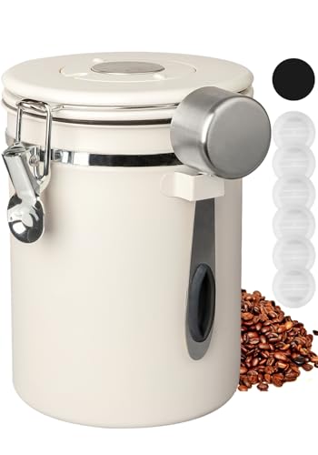 INFTYLE Coffee Canister with Airtight Lid, 22oz, 60 fl oz Cream, Stainless Steel Air Tight Lid Container with Date Tracker and Scoop Food Storage Jar for Grounds Coffee, Beans, Flour, Cereal