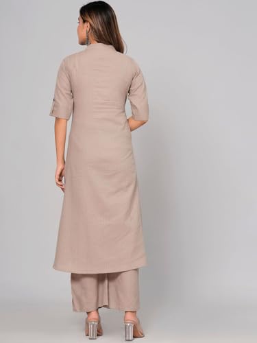 Image of Avayayat Stylish Katha Cotton Co-ord Set For Women - Shirt Style Kurti with Pants, 2peice Kurta With Trouser Casual Wear Brown
