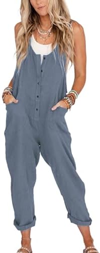 Yeokou Women's Linen Cotton Overalls – Loose Casual Jumpsuit with Pockets, BlueGrey (Size M)