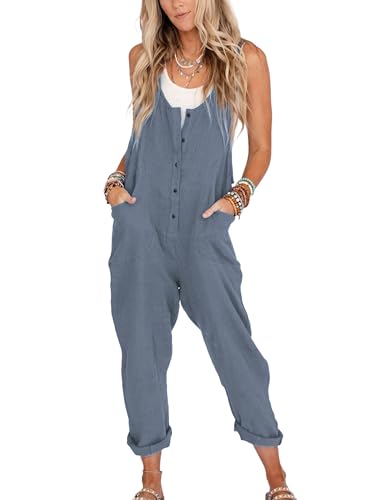 Yeokou Womens Overalls Linen Cotton Jumpsuits Loose Casual Jumpers with Pockets(BlueGrey-M)