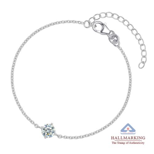 Image of TRUESILVER ACPL 925 Sterling Silver Solitaire Bracelet for Women | Round CZ Stone Link Chain Bracelet | Adjustable Elegant Bracelet for Women 8 Inches