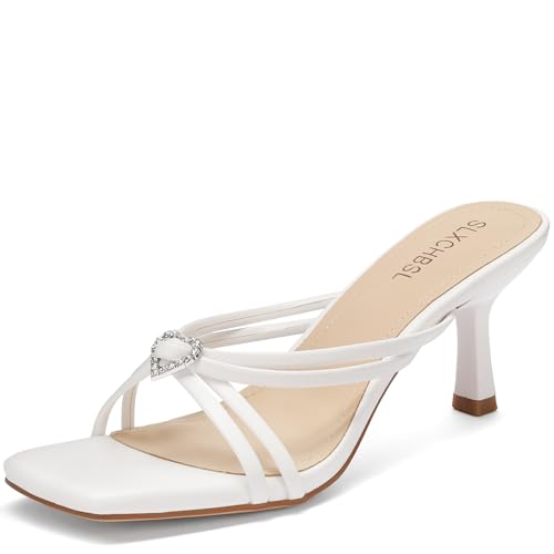 SLXCHBSL Women's Kitten Heels Sandals Rhinestone Square Open Toe Low Heels Slip On Heeled Sandals for Dress Casual Party Wedding Comfortable Summer Mules Shoes