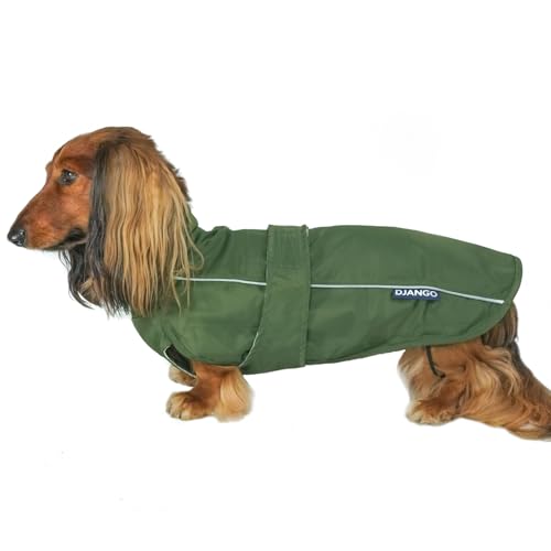 DJANGO Dog Jacket & Raincoat – Lightweight Water-Resistant Coat for Small, Medium & Long Dogs Like Dachshunds – Reflective, Adjustable Fit, Harness-Compatible & Easy-Access Harness Hole - Green, Large