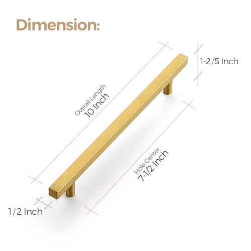 Image of Ravinte 10 Pack 7-1 /2 Inch Cabinet Pulls Gold Sqaure Kitchen Cabinet Handles Gold Cabinet Hardware Stainless Steel Drawer Pulls 10 Inch Overall Length with Mounting Template