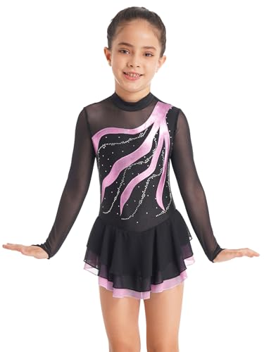 Freebily Vestido de Danza para Niña Maillot de Manga Larga con Brillante Leotardo Gimnasia Rítmica Maillot de Patinaje Competición Traje de Baile A Rosa 7-8 años