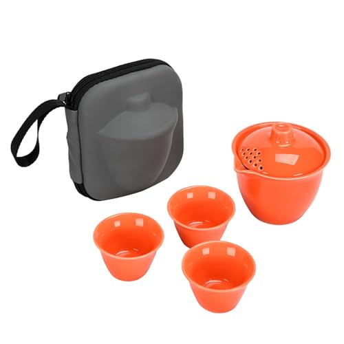 Image of Liang baobao Gaiwan with 3 Cups Travel Tea Set Organizer Porcelain Teacups Chinese Tea Cups Portable Tea Set Camping Outdoor (Orange)