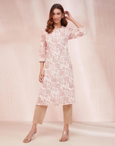Fabindia Women's Cotton Printed Regular Kurta (1035798Natural- Off White-Red
