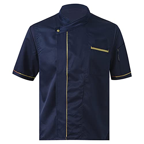 YiZYiF Men's Women Chef Jacket Uniform Double-breasted Short Sleeve Hotel Restaurant Kitchen Apparel Cook Coat Navy Blue C Medium