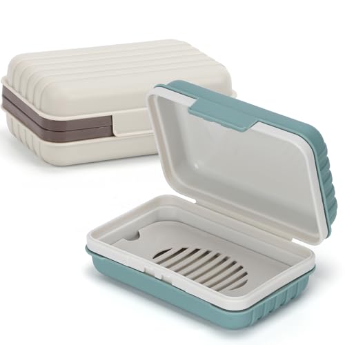 Alyvisun 2 Piezas Jabonera de Viaje con Tapa, Jaboneras Portátiles, Caja de Jabón con Bandeja de Drenaje, Jabonera Impermeable y Antifugas para Ducha, Viajes y Uso en Exteriores(Verde y Blanco)