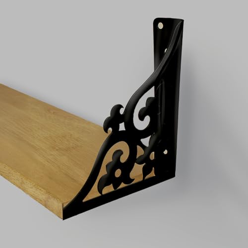 Image of Wall Shelf with Wooden Top Black|White Iron Brackets Storage Rack|Industrial Wall-Mounted Floating Shelf for Living Room,Kitchen,Bathroom (Black Triple Floral Large)