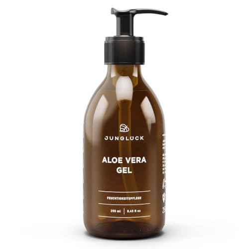 JUNGLÜCK Aloe Vera Gel 250ml - Vegan | BIO Aloe Vera Saft - Natürliche After Sun Pflege | Kühlt, beruhigt und spendet deiner Haut Feuchtigkeit - Ideal bei Sonnenbrand - für Gesicht, Haare und Körper