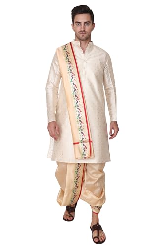 Image of Rameshwaram Fabrics Readymade Dhoti for Men, Velcro Style Stitched Mens Silk Dhoti Pant with Stole Set