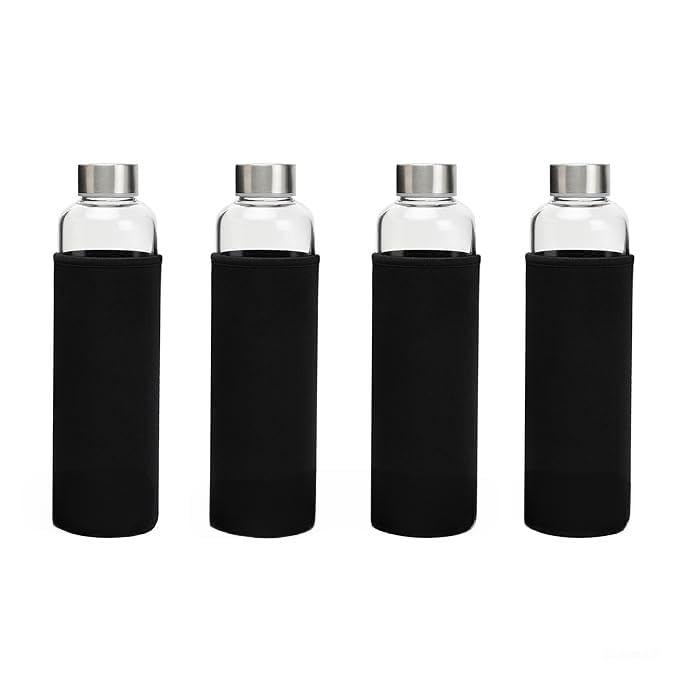 Image of SIMPARTE Borosilicate GlassWater Bottles 500ml with Sleeve - Set of 4 | Freezer Safe, Easy to Clean, Leak-Proof | Stainless Cap | Ideal for Travel, Office, School
