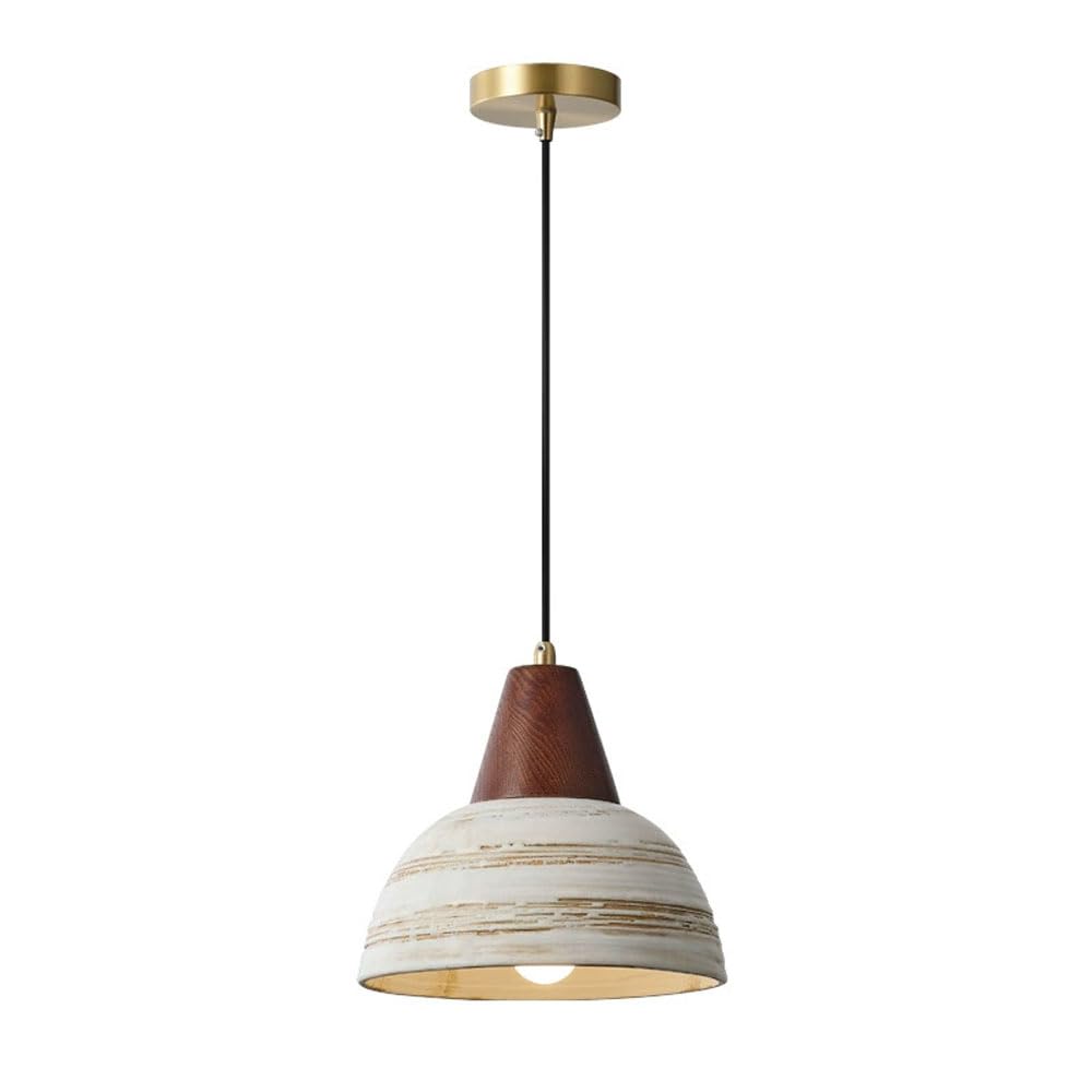 LYMSXAZOU Vintage White Ceramic Pendant Light Dome Hanging Lamp Wood Accent 9in Island Lighting Rustic Ceiling Lamps for Kitchen Farmhouse Dining Room