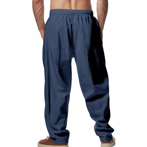 Summer Mens Linen Pants Solid Color Casual Loose Fit Elastic Waist Drawstring Breathable Baggy Pants with Pockets2