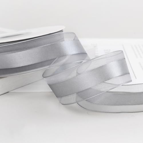 100 Yards 2rolls Sheer Organza Ribbon 1inch Chiffon Tulle Satin Stripe 1"(25mm) Christmas Tree Solid Fabric Ribbon for Bouquet Bows Making Wreaths Gift Wrapping Wedding Bridal Shower (Silver Gray)