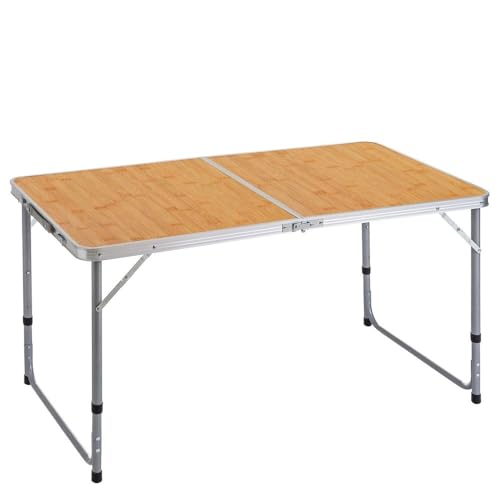 Mesa Plegable Camping y Playa 120x60x70 cm,Altura Regulable 50-60-70 cm Mesa Picnic portátil con asa Transporte, Patas Plegables Acero, Tablero MDF Aspecto Madera Nogal, marrón, antivuelco y compacta