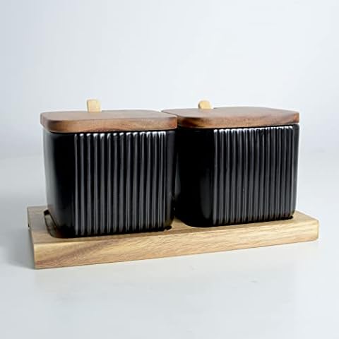 BIHOIB Black Porcelain Sugar Bowl Condiment Pot Salt Container with Wooden Lid, Spoon and Tray, Modern Spice Box Seasoning Jar, Set of 2 Cover