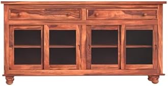 Solid Sheesham Wood Sideboard Cabinet for Living Room | Wooden Crockery Cabinet with 4 Sliding Acrylic Glass Doors & 2 Drawers | Kitchen Display Unit | Honey Finish