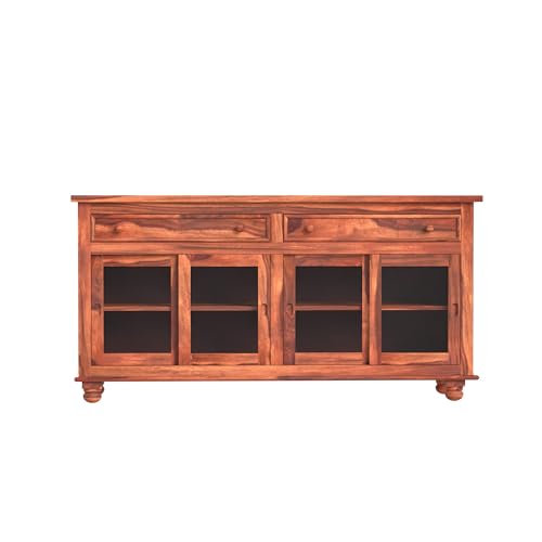 Solid Sheesham Wood Sideboard Cabinet for Living Room | Wooden Crockery Cabinet with 4 Sliding Acrylic Glass Doors & 2 Drawers | Kitchen Display Unit | Honey Finish