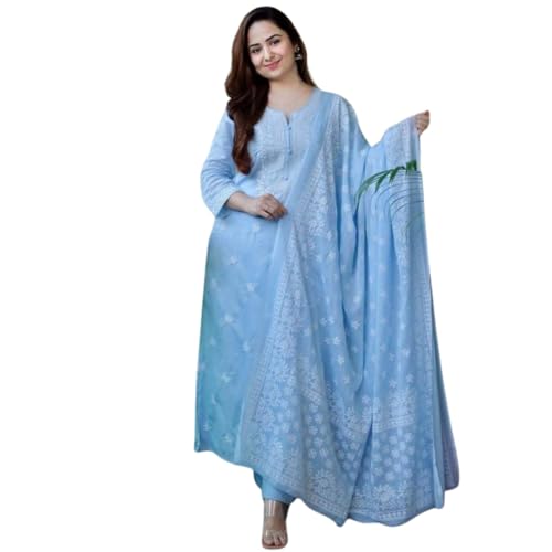 Image of ZANETA Women's Rayon Round Neck 3 /4 Sleeves Embroidery Traditional Straight Kurta and Pant Set with Dupatta for Ladies