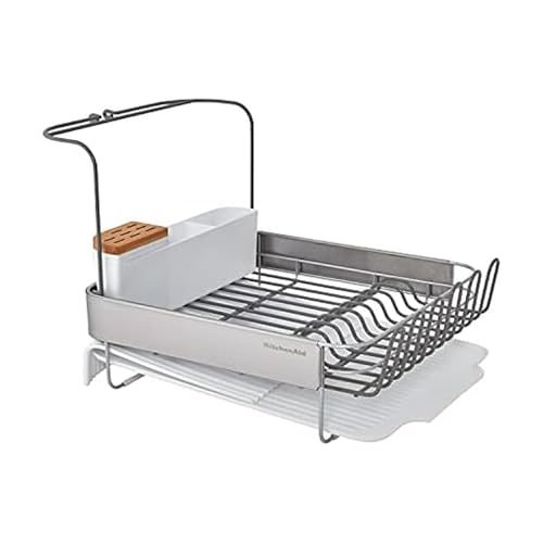 Image of KitchenAid Full Size Compact to Full Capactiy Expandable Rust Resistant Dish Rack, with Self Draining Angled Drainboard and Removable Flatware Caddy, 24-Inch, White