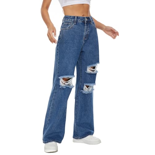 VIPONES Womens Wide Leg Jeans High Waist Baggy Denim Pants Distressed Loose Ripped Boyfriends Jeans Y2K4