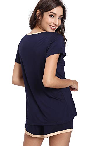 Gys Pajama Set For Women Short Sleeve Sleepwear Silky Soft Bamboo Pjs Shorts Set 2-Piece Scoop Neck Nightwear, Navy Blue, Large #TOP2