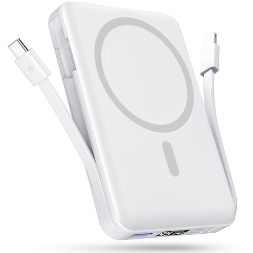 Podoru para Magsafe Powerbank, 10000mAh Magnético Power Bank, Powerbank mag-Safe Integrado USB-C&Lighting, Cargador Portátil Inalámbrico PD 22.5W Carga Rapida para iPhone 16/15/14/13/12-Blanco