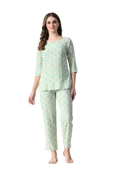 Ichaa Women's Printed Rayon Night Wear Top and Bottom Night Suit Set
