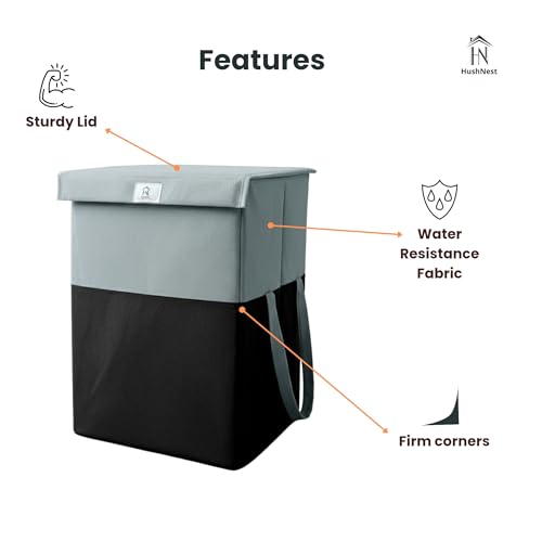 Image of 75L Foldable Laundry Basket with Lid | Large basket for Clothes, Toys | Freestanding & Collapsible Storage Hamper | Toy Storage | Washing cloth bin (Grey & Black)