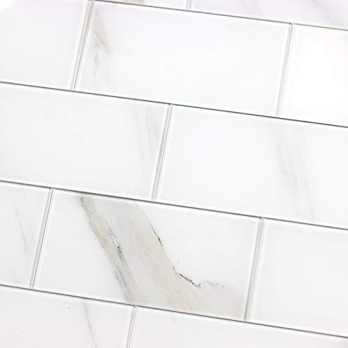 Abolos 4\" x 8\" Calacatta White Glossy Glass Subway Nature Stone Look Backsplash Wall Tile - Thumbnail 3
