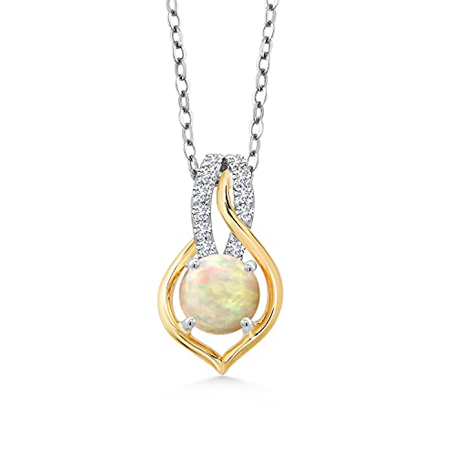 Gem Stone King 925 Sterling Silver and 10K Yellow Gold Round Cabochon White Ethiopian Opal and White G H Lab Grown Diamond Pendant Necklace For Women (0.67 Cttw with 18 Inch Silver Chain)