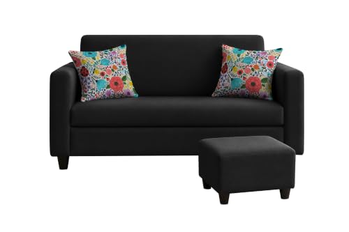 Image of Rosebell 2 Seater Sofa with Ottoman | Living Room Couch | with Printed Cushions | Sofa for Home, Apartment & Office-Black Color