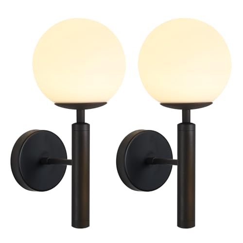 Image of KCO Lighting Black Wall Sconces Set of 2 Modern Globe Wall Sconce Milk Glass Wall Light Farmhouse Mid Century Wall Sconce Bathroom Wall Light Fixture Over Mirror