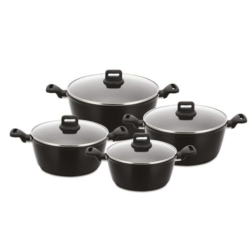 Bargain Shack 4Pcs Stockpot Set Aluminium Non Stick Cooking Pot Set for Soups Stews & Stock Induction Stockpots with Glass Lid Non Toxic Cookware PFOA-Free (Black, 4Pcs Stockpot Set)